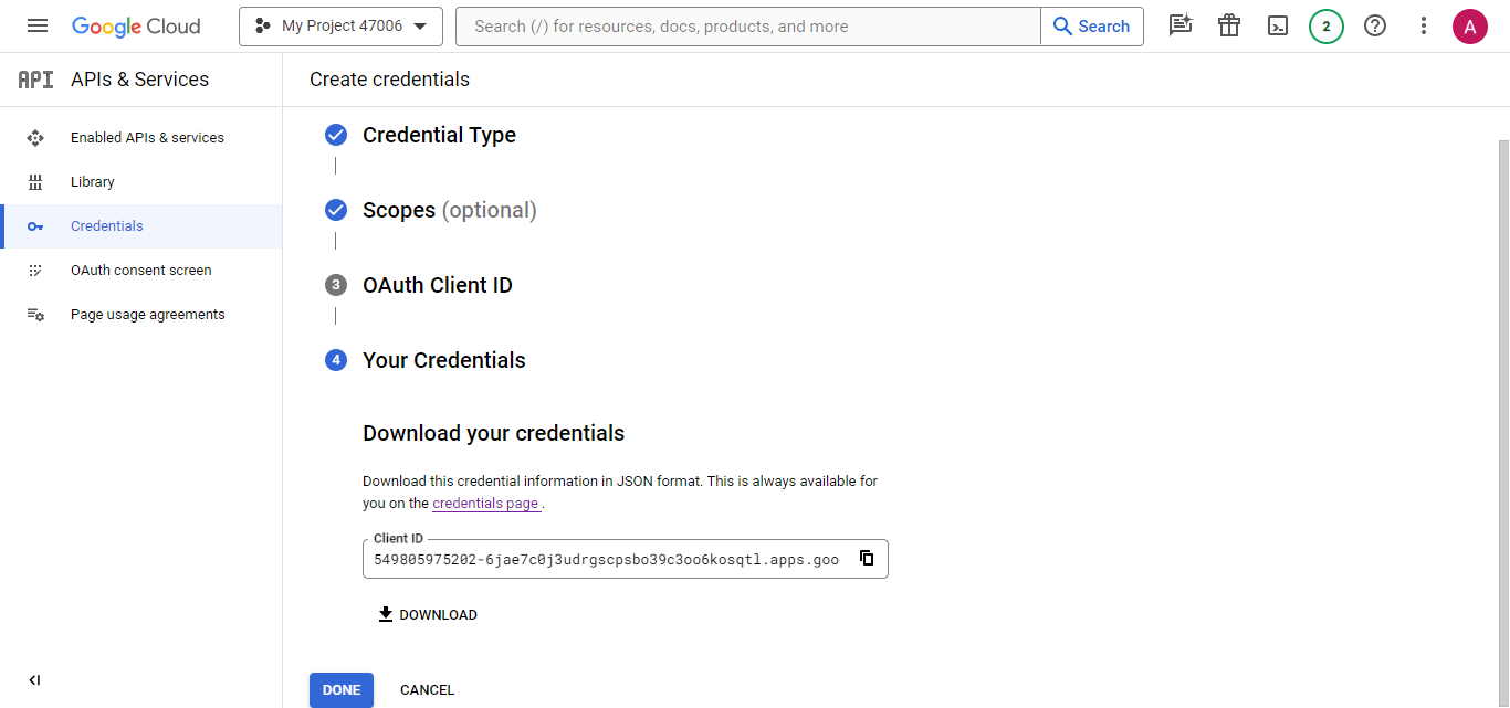 Screenshot showing The credentials downloading step in Google API Console