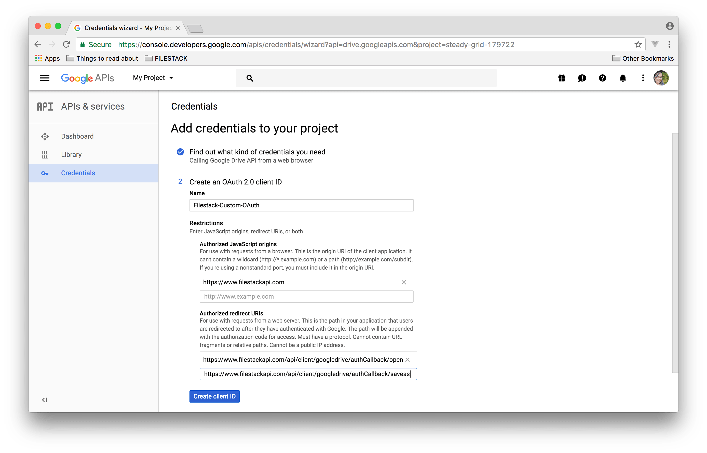 Screenshot showing Credentials step in Google API Console