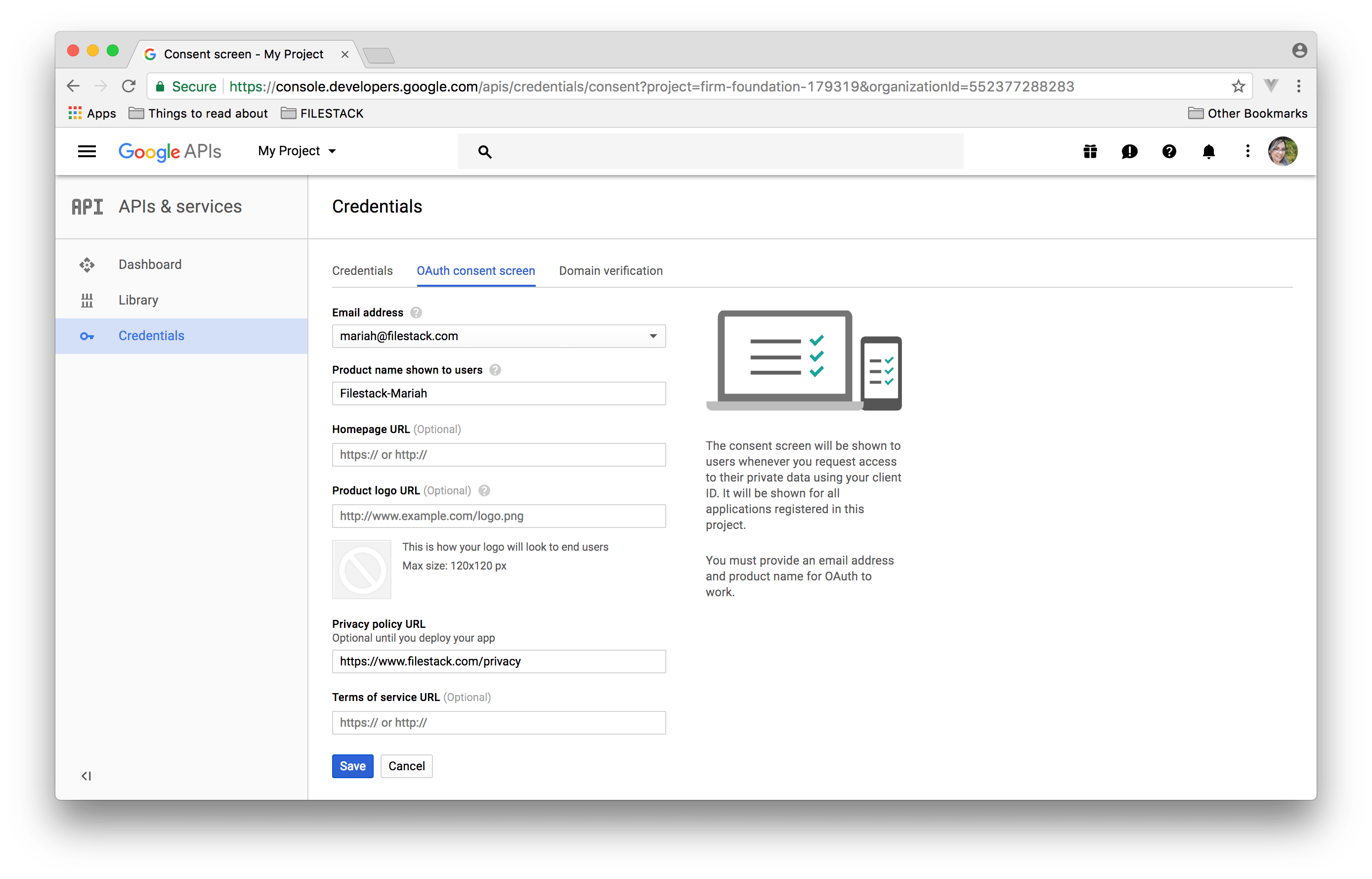 Screenshot showing Credentials step in Google API Console